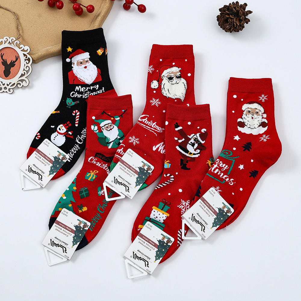 [BY725.20] Cotton Christmas Socks for Women - Set of 5 Pairs  (Pattern 1)