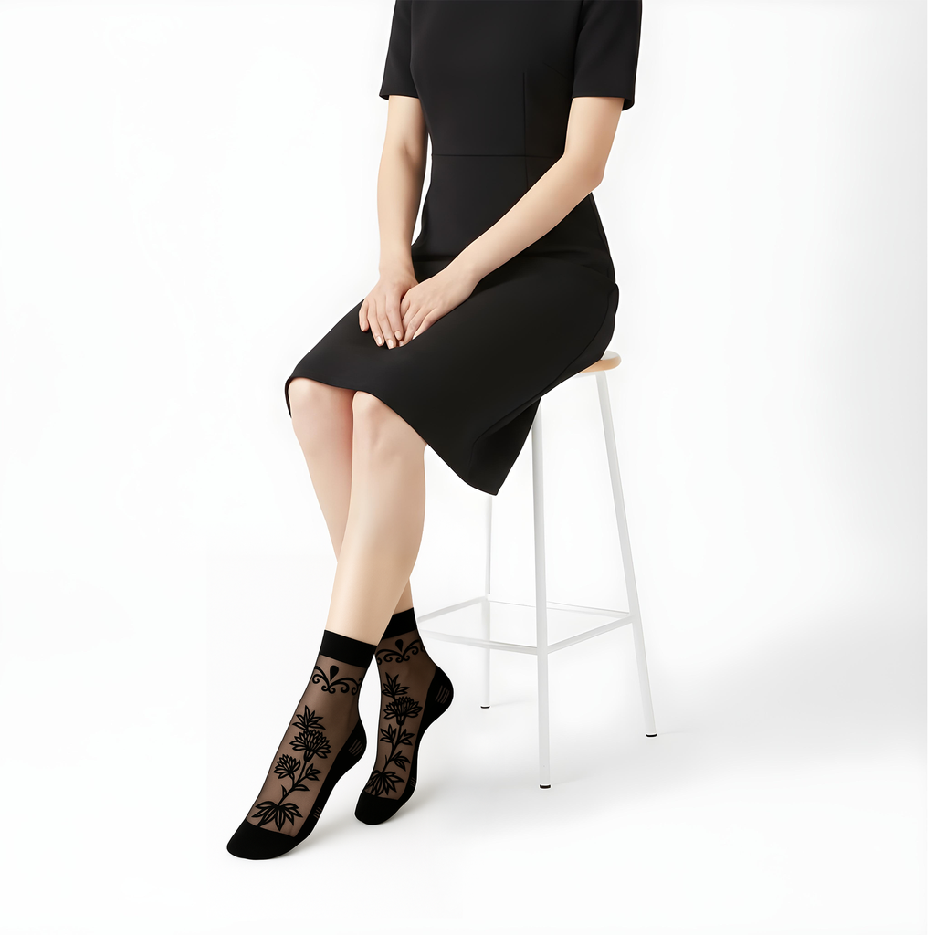 [1650.01-B] Ankle-Short "Maram" Patterned 30 Den Sheer Socks (Black, Pattern 1)